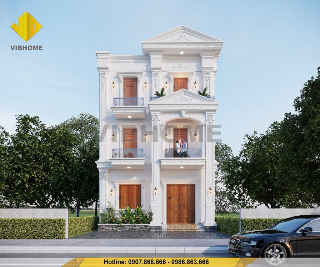 Mặt tiền của mẫu nhà tân cổ 3 tầng
