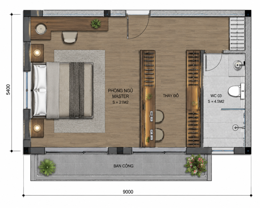Phòng ngủ master đẳng cấp của căn villa mái nhật