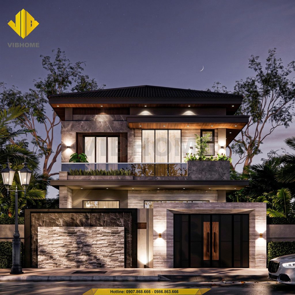 Villa hiện đại Bắc Ninh nổi bật với hệ thống đèn ngoại thất