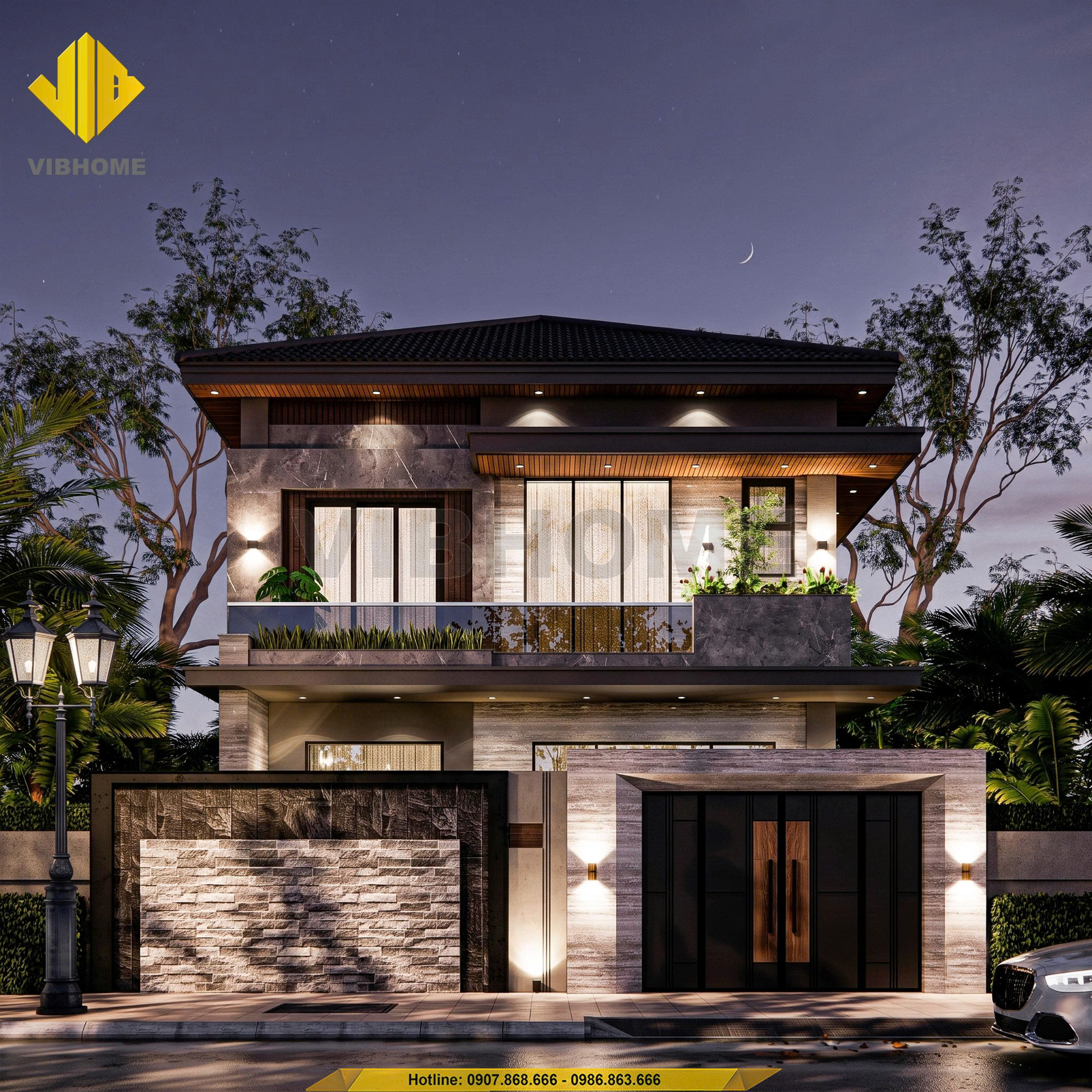 Villa hiện đại Bắc Ninh nổi bật với hệ thống đèn ngoại thất